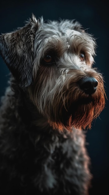 Un perro con un fondo azul.