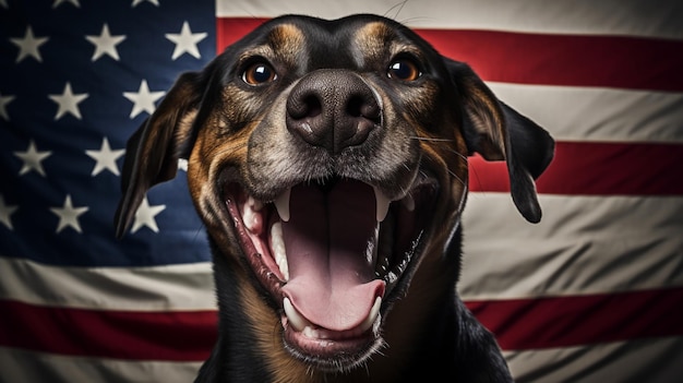 Perro en el fondo de la bandera americana.