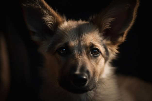 Un perro con un fondo negro y un fondo negro.