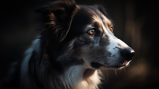 Un perro con un fondo negro y una luz.