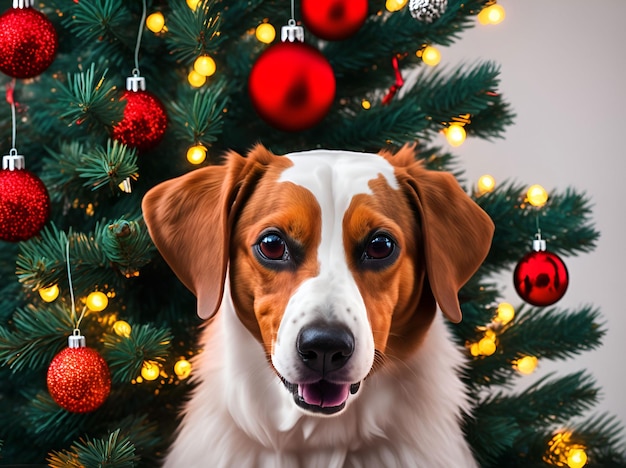 Un perro frente a un árbol de navidad.