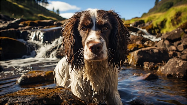 Un perro se para frente a una cascada.