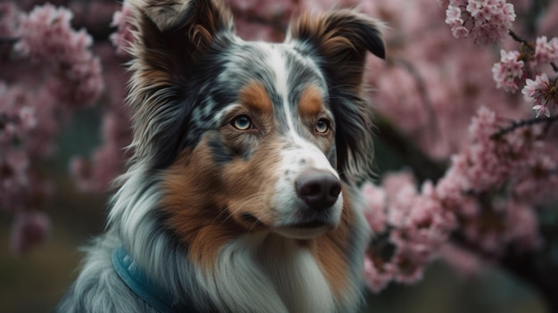 Un perro frente a las flores con un collar azul.