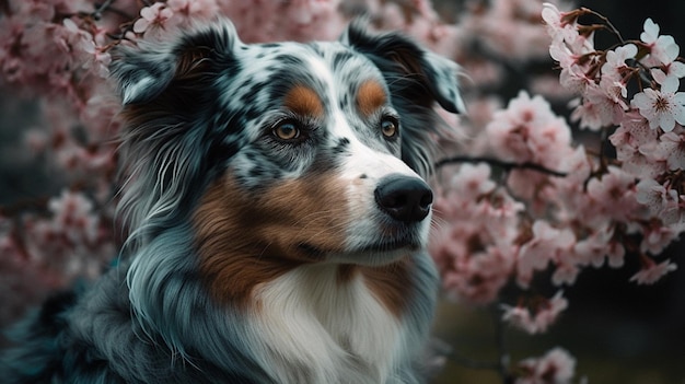 Un perro frente a un fondo florido.