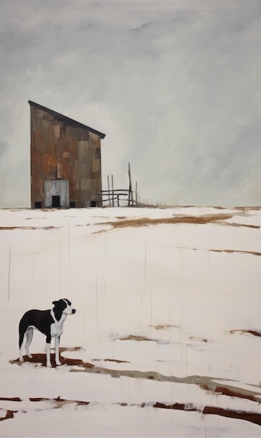 Perro frente a un granero en la nieve