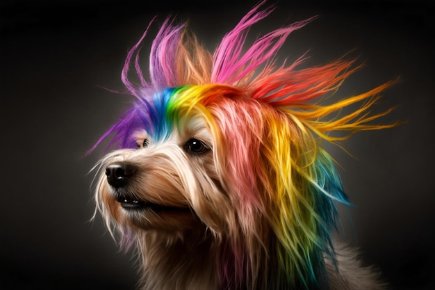 Perro fresco y colorido Colores del arco iris Concepto de inclusión de tolerancia a la diversidad Diferente y único para ser Perrito de moda IA generativa