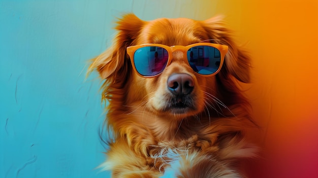 Perro fresco con gafas de sol en un fondo de pared colorido Espacio para texto IA generativa