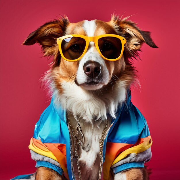 El perro fresco con ropa de traje y gafas Fondo moderno Generativo Ai