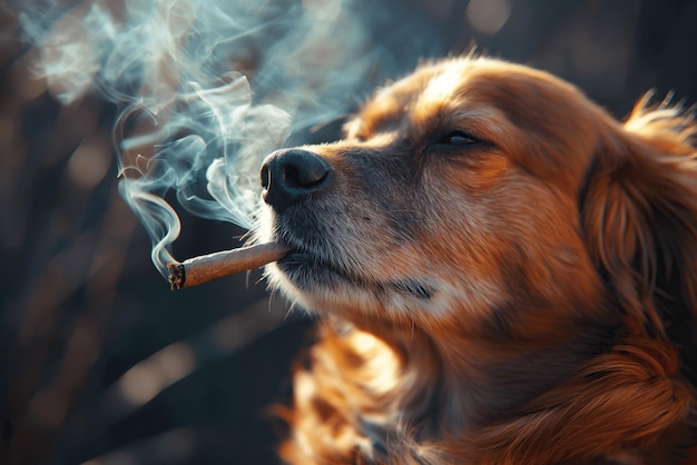 el perro fuma un cigarrillo de marihuana con cannabis y se relaja afuera