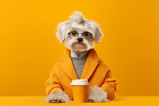 un perro con gafas y un abrigo sentado en una mesa