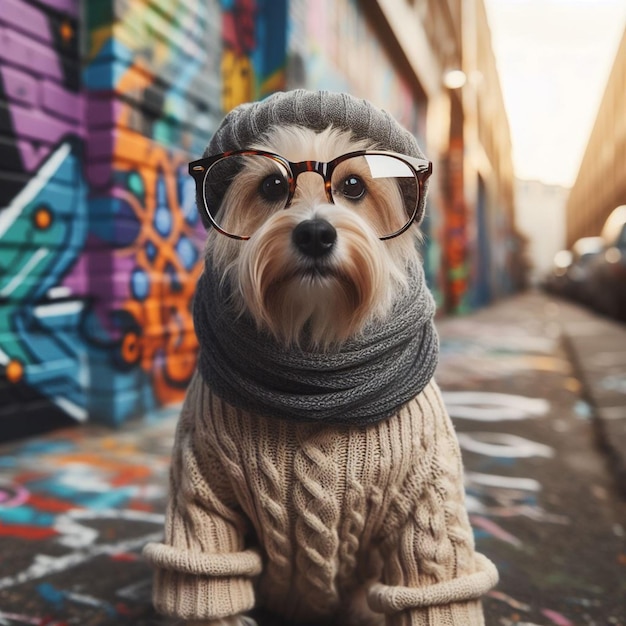un perro con gafas y una bufanda está en una acera