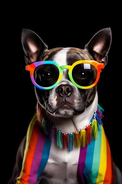 Un perro con gafas y una camiseta arcoíris.