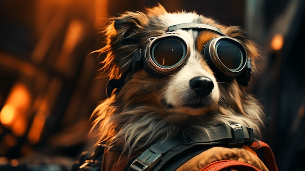 Un perro con gafas y chaleco.