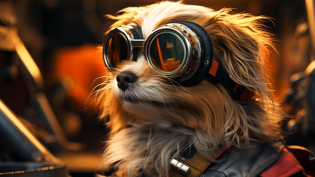 Un perro con gafas y chaleco.