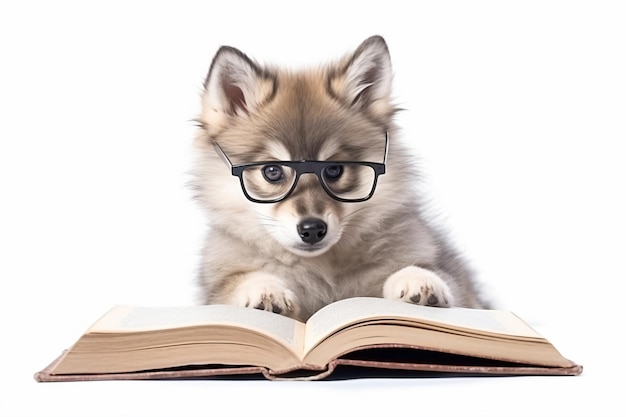 un perro con gafas está sentado en un libro