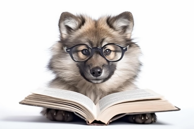 un perro con gafas está sentado en un libro