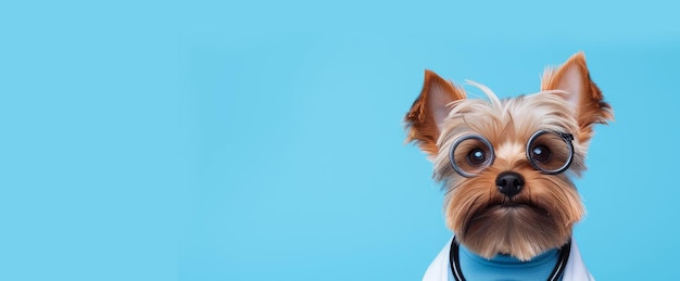 Foto un perro con gafas, un estetoscopio y un traje de médico en un fondo azul cuidado y cuidado de mascotas