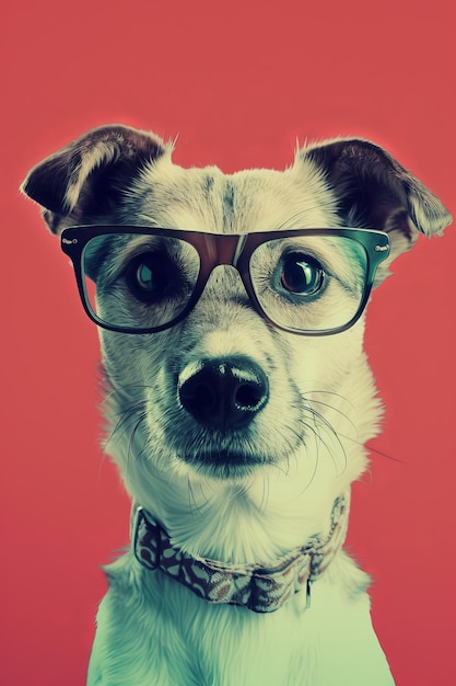 Foto un perro con gafas en un fondo rojo