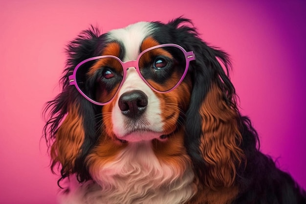 Un perro con gafas en forma de corazón