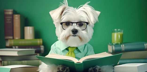 Foto un perro con gafas lee a la cámara