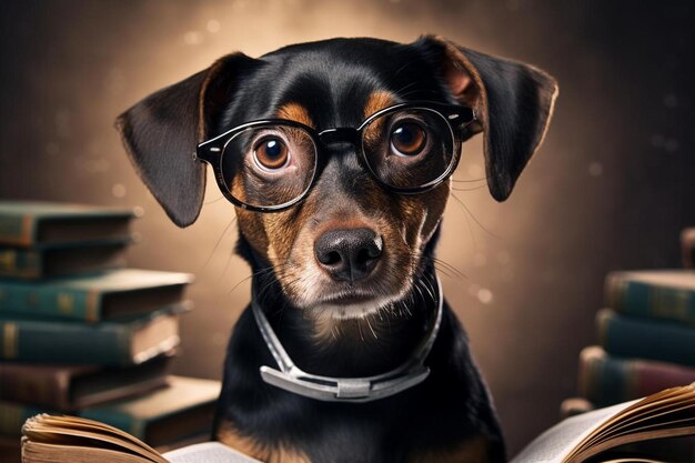 Un perro con gafas leyendo un libro con un libro titulado "perro".