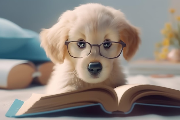 Un perro con gafas leyendo un libro.