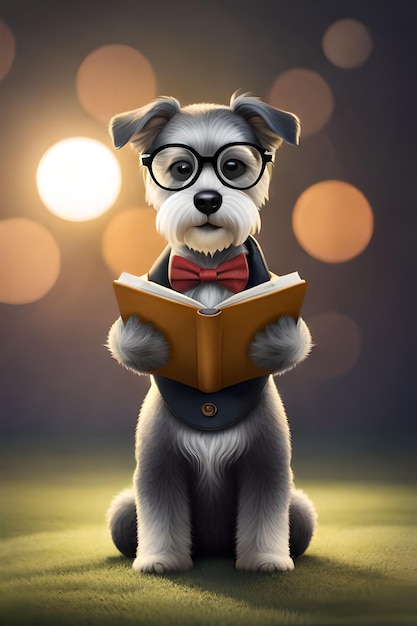 Un perro con gafas leyendo un libro.