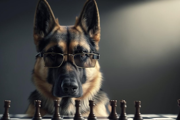Un perro con gafas mira una pieza de ajedrez.