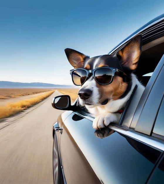 Foto un perro con gafas oscuras mirando por la ventana de un coche una copia del espacio