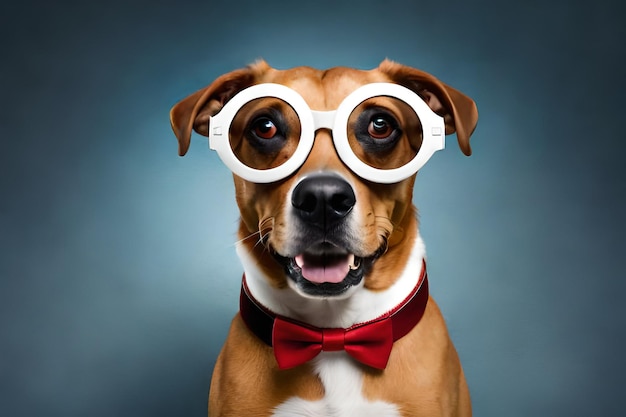 Un perro con gafas y pajarita.