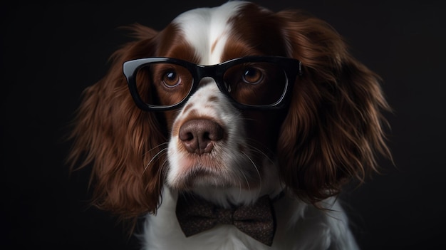 Un perro con gafas y pajarita.