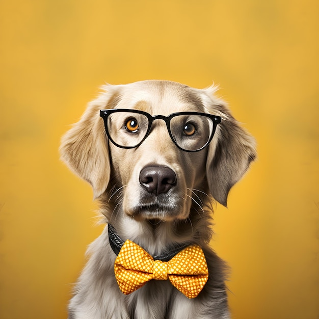 Un perro con gafas y pajarita.