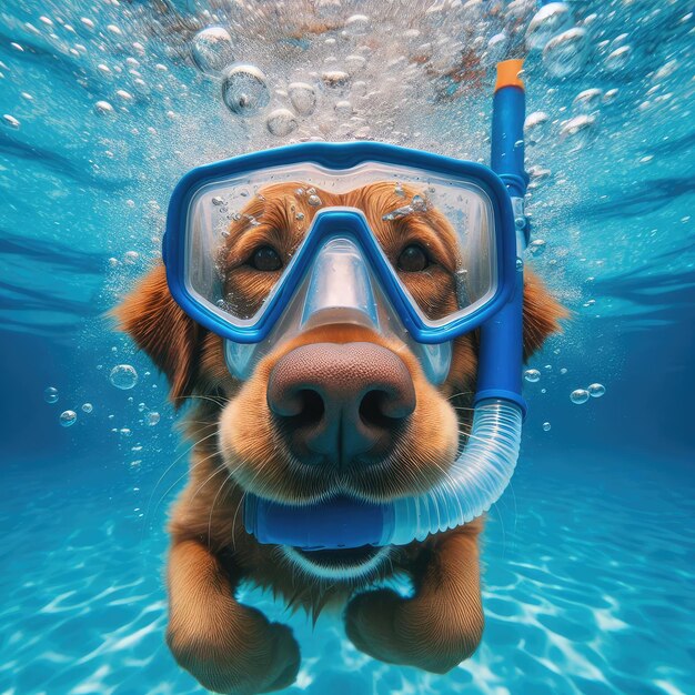 un perro con gafas de protección nada bajo el agua con un tubo azul