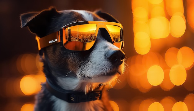 Perro con gafas de realidad virtual sobre un fondo naranja