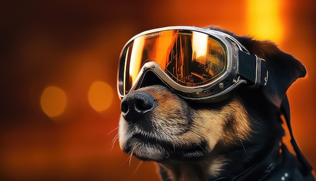 Perro con gafas de realidad virtual sobre un fondo naranja