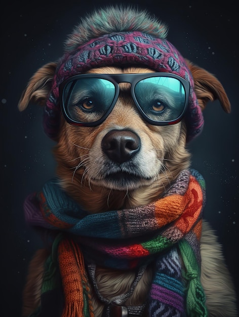 Un perro con gafas con ropa invernal y un gorro Generative Ai