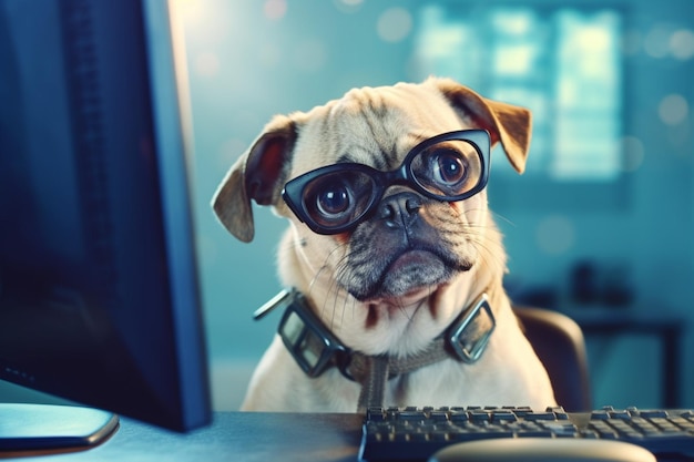 Un perro con gafas se sienta en un escritorio con una computadora