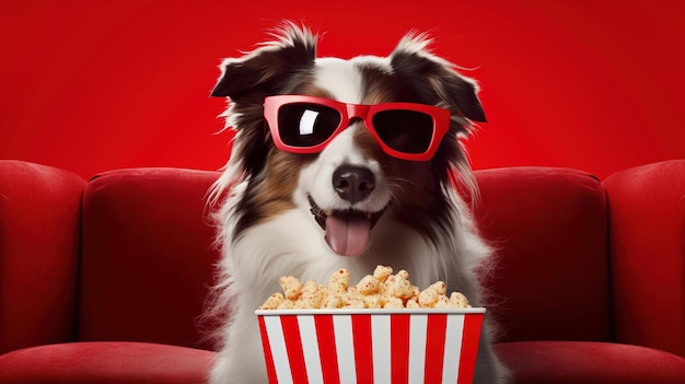 Un perro con gafas se sienta en un sillón rojo en el cine.