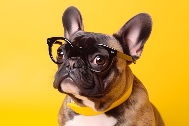 Un perro con gafas se sienta sobre un fondo amarillo.