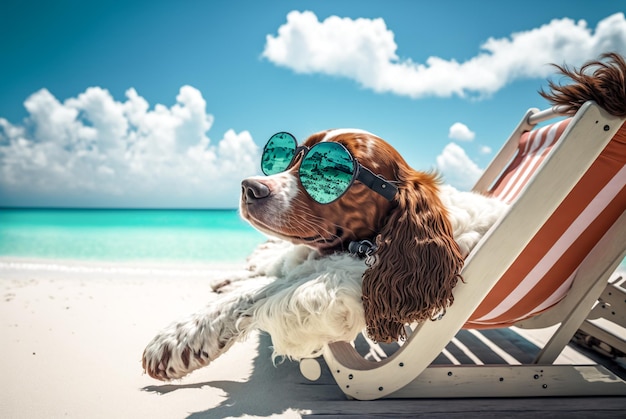 Perro con gafas de sol acostado tomando el sol en la playa