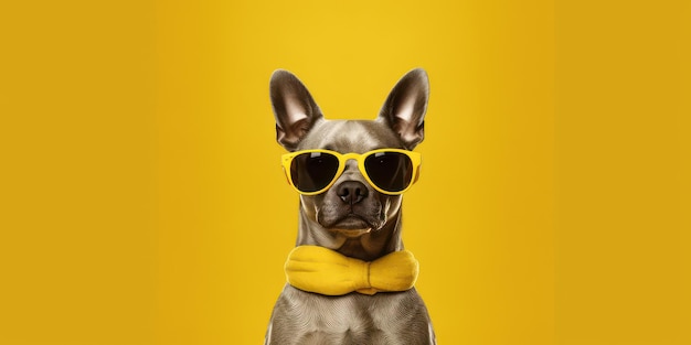 Perro con gafas de sol aislado sobre fondo amarillo IA generativa