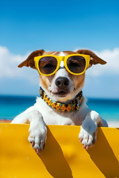 Foto un perro con gafas de sol amarillas y un par de gafas de sol amarillas