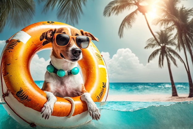 Perro con gafas de sol en anillo de natación en la playa con cocoteros ai generativo