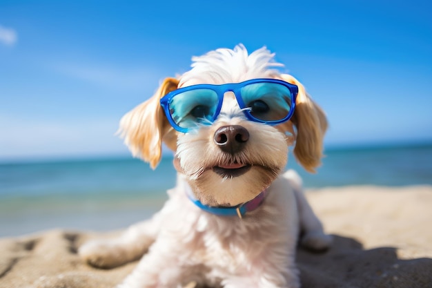 Perro con gafas de sol asume el papel de un humano de vacaciones