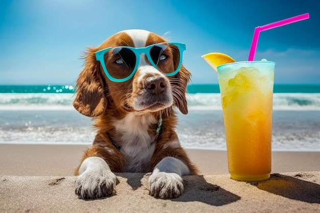 Perro con gafas de sol y bebida en la playa IA generativa