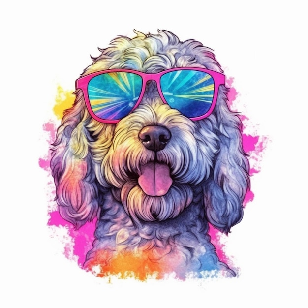 Un perro con gafas de sol en la cabeza y la lengua sobresaliendo generativo ai