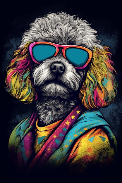 Un perro con gafas de sol y una camiseta con los colores del arcoíris.