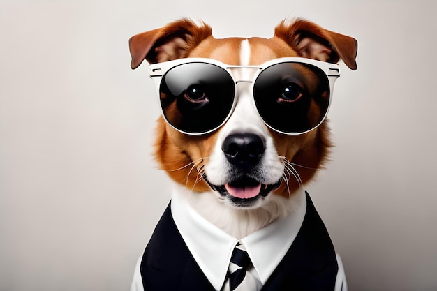 Un perro con gafas de sol y una camiseta que dice "perro"