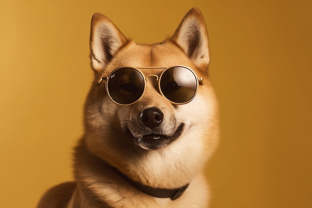 Un perro con gafas de sol y un collar con la palabra shiba en el centro.