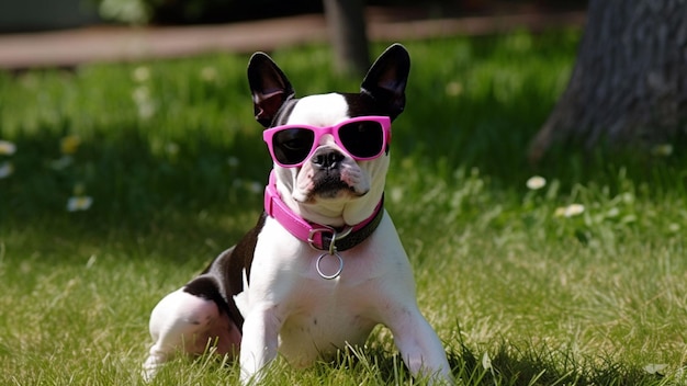 Foto un perro con gafas de sol y un collar rosa.